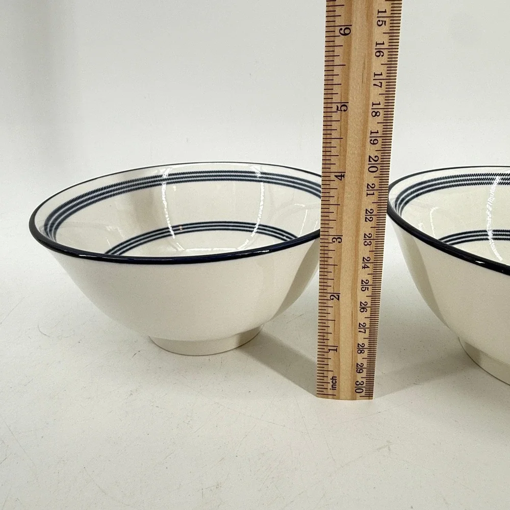 Cereal Bowls Set of 2 White Navy Blue Striped Nautical Coastal Style Tall Soup